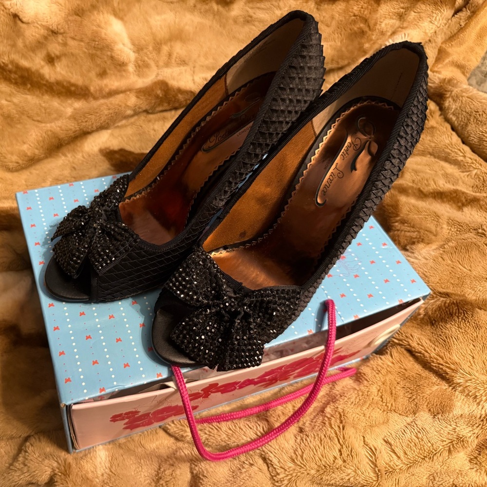 Poetic License Black Quilted Peep-Toe Heels with Rhinestone Bow Detail